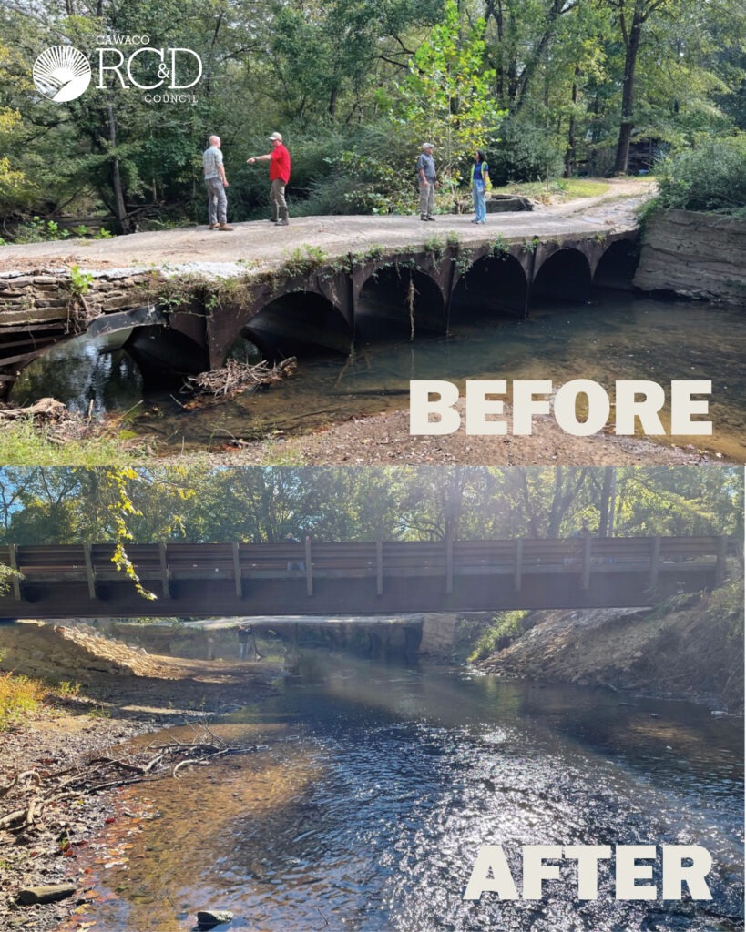 Before and after shot of Big Canoe Creek at Goodwins Mill. Before shot includes seven crumbling culverts planted into the water across the creek with people standing on top of it. After is a bridge over the creek that doesn't touch the water.