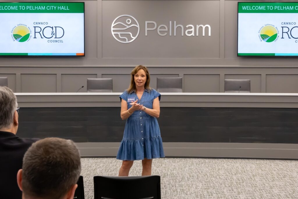 Rep. Susan DuBose stands at the front of the Pelham City Council Chambers and speaks to the crowd