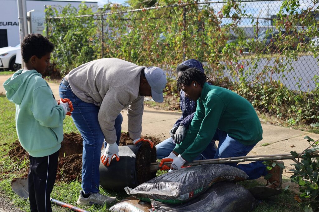 Volunteers wearing work gloves lift a tree out of its black nursery pot and into a freshly dug hole, while a young boy in a mint-green hoodie watches, with a vine-covered fence behind them.